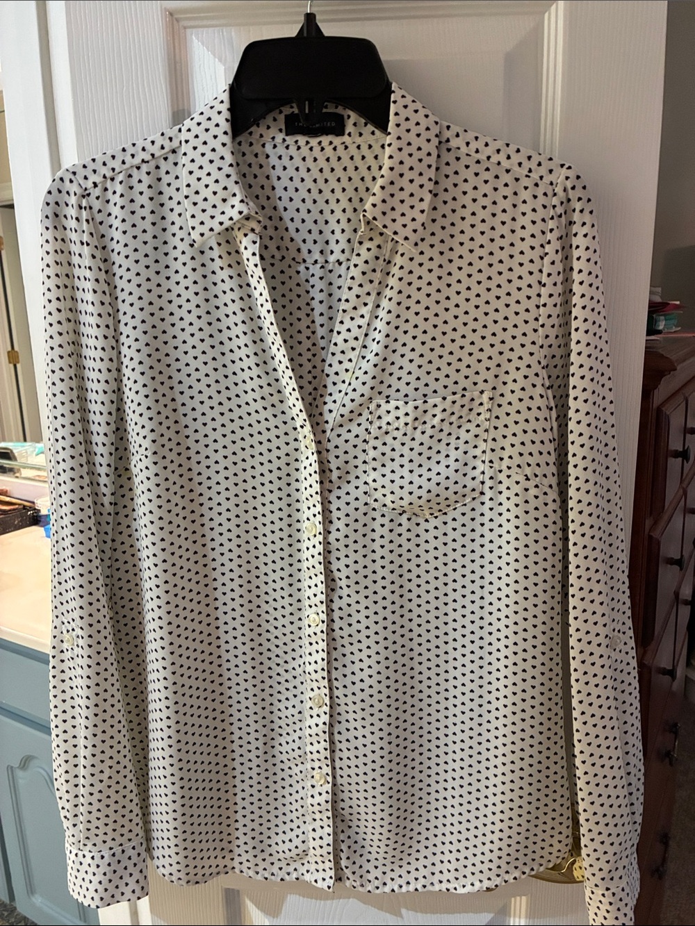 The Limited Cream Button-Down Shirt with Black Heart Print SZ M